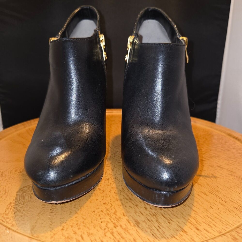 Michael Kors Black Leather Platform Ankle Booties Gold Zip Stiletto Heel 8.5